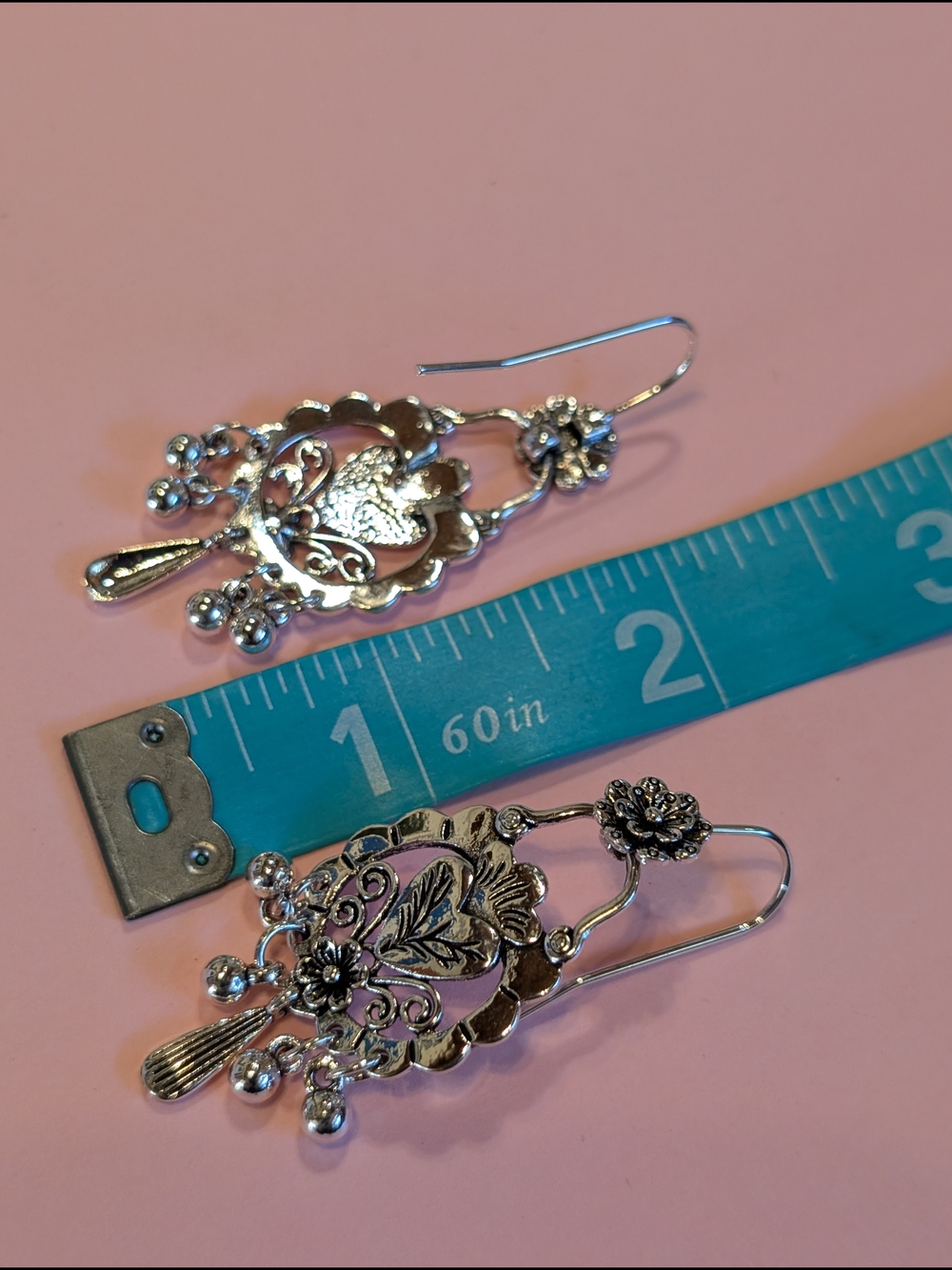 Mexican Style Silver Floral Filigree Dangle Earrings - Picture 5 of 5
